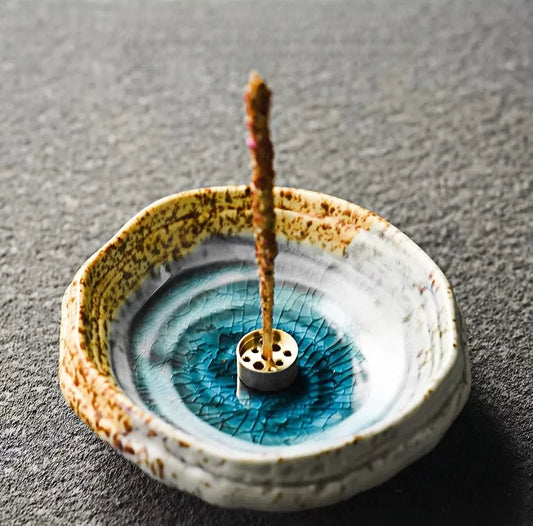Glaze Ceramic Plate with 9-Hole Brass Incense Holder