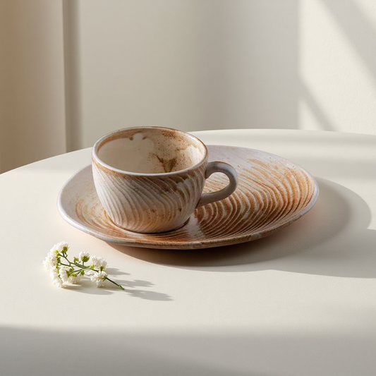 Brown Tree-Ring Textured Ceramic Coffee Cup & Saucer Set