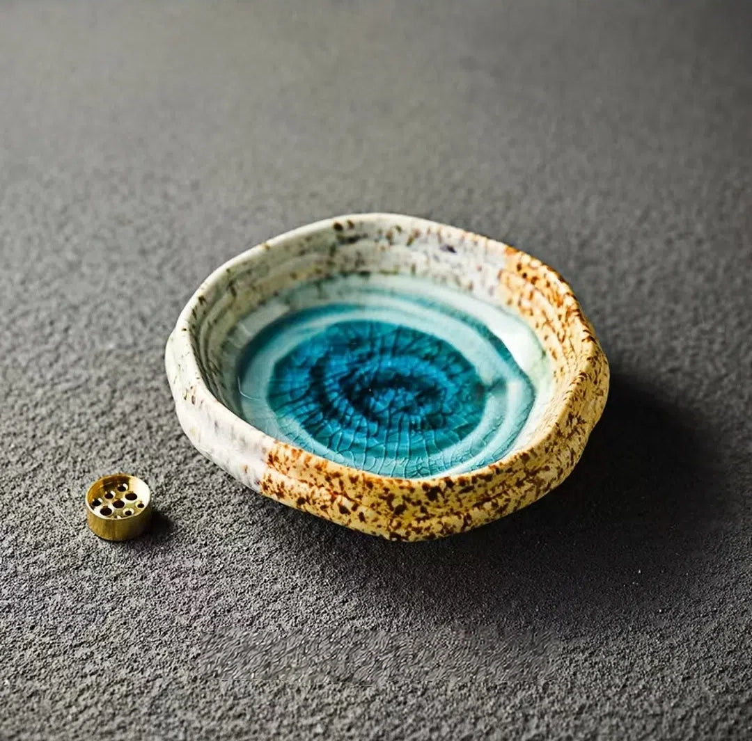 Glaze Ceramic Plate with 9-Hole Brass Incense Holder