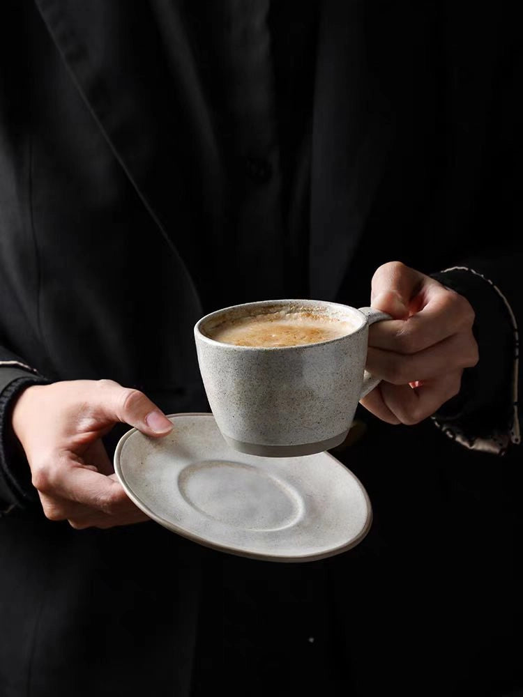Vintage Light Gray Ceramic Coffee Cup & Saucer Set