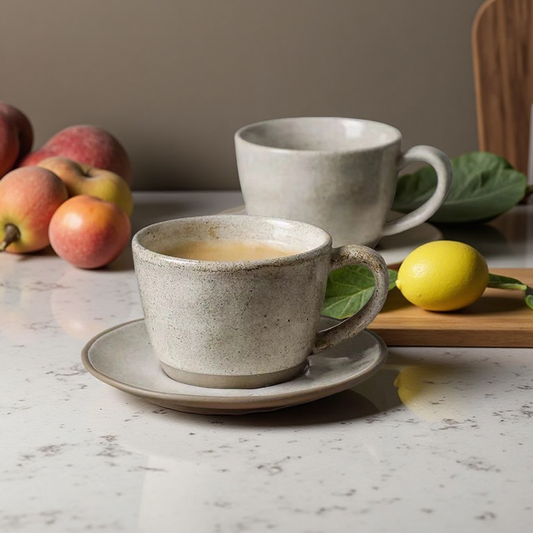 Vintage Light Gray Ceramic Coffee Cup & Saucer Set