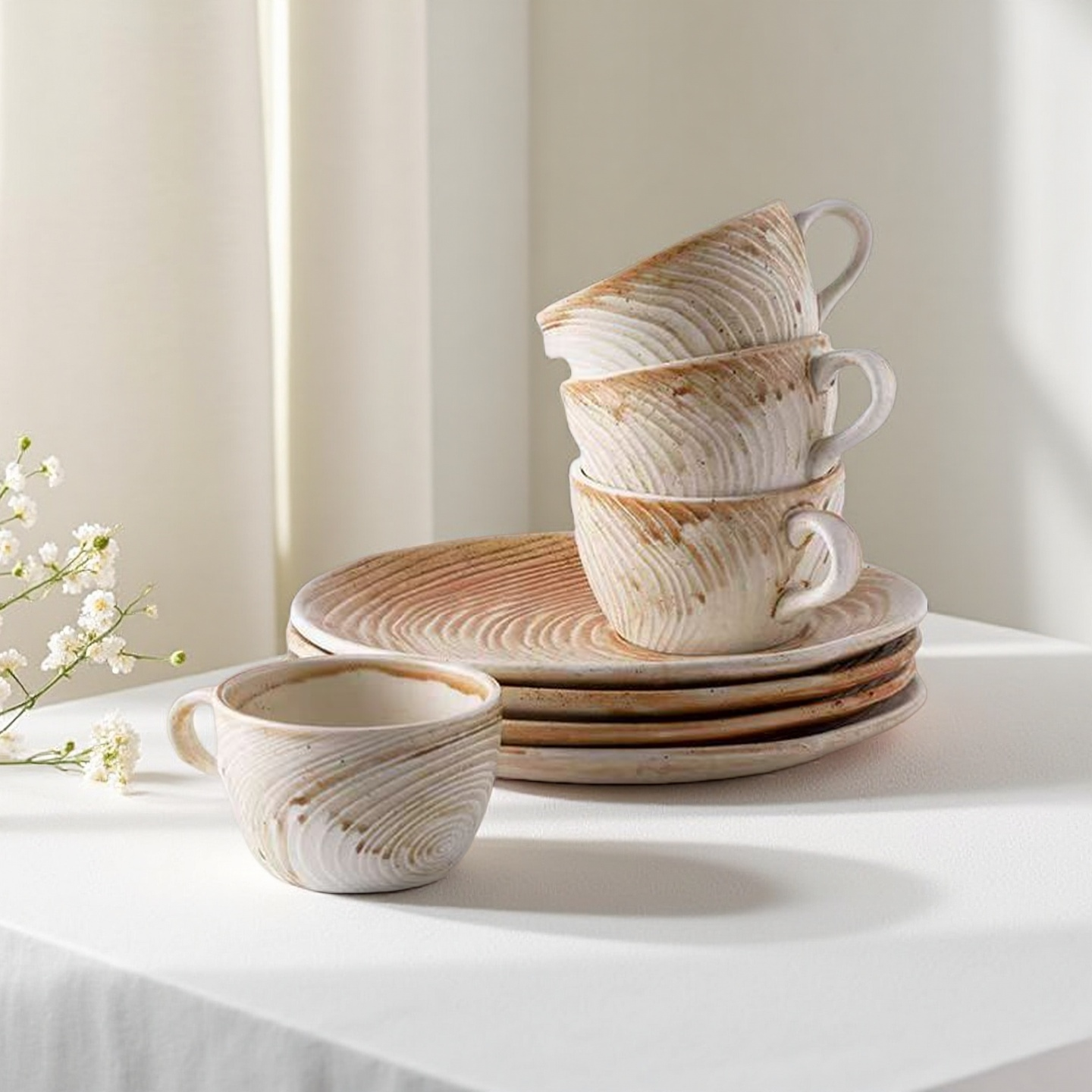 Brown Tree-Ring Textured Ceramic Coffee Cup & Saucer Set