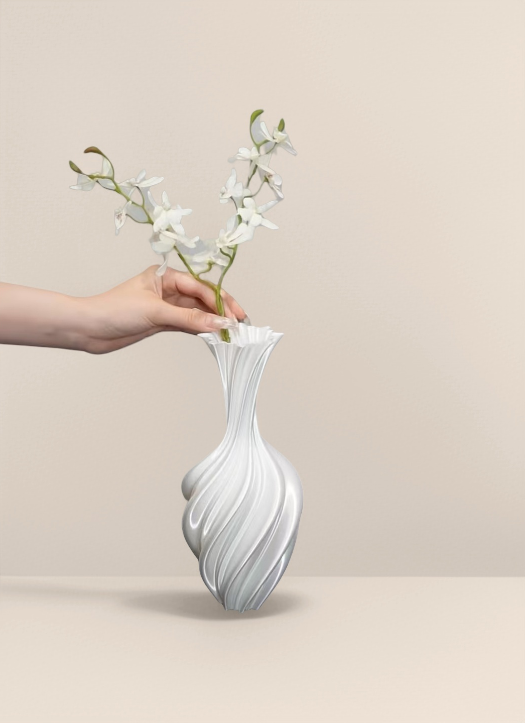 Silk-Lustre Spiral Vase — 3D Printed in White PLA