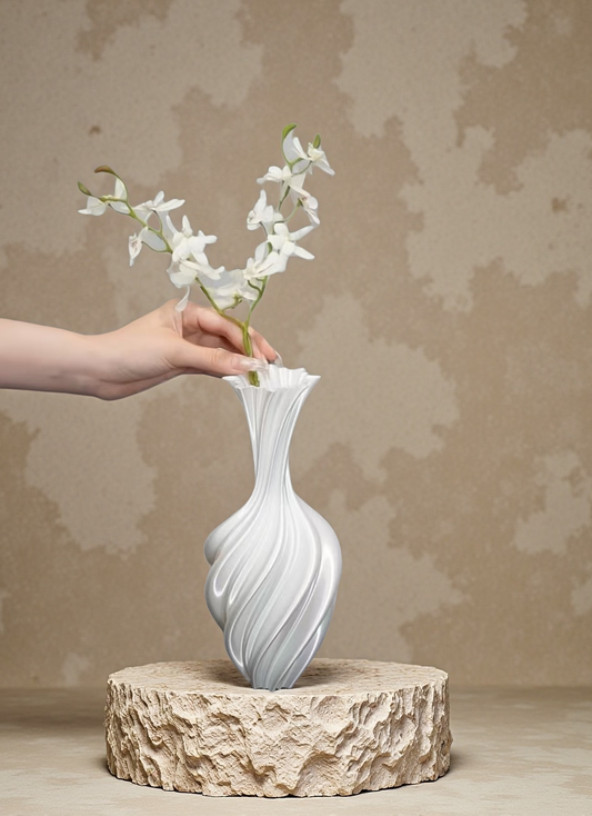 Silk-Lustre Spiral Vase — 3D Printed in White PLA